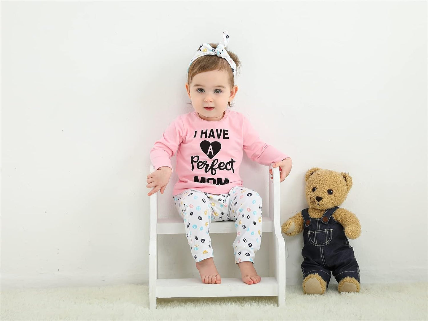 3Pcs Baby Girl Outfits Set Long Sleeve T-Shirt Tops Flowers Pants with Headband