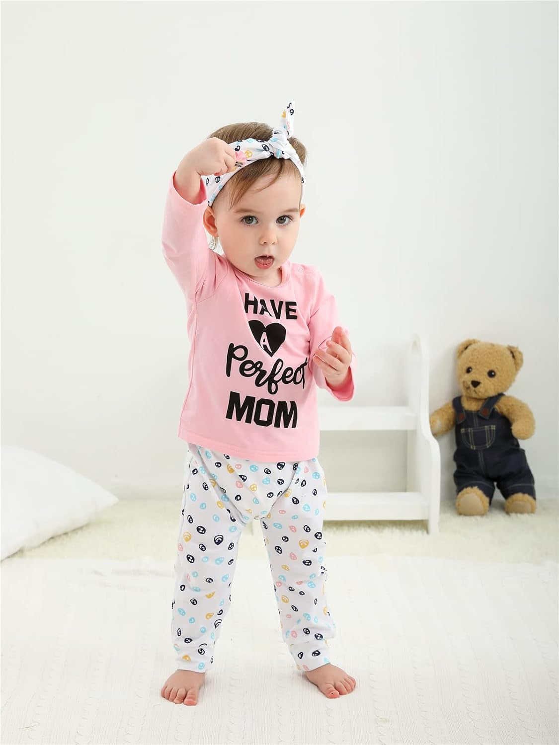 3Pcs Baby Girl Outfits Set Long Sleeve T-Shirt Tops Flowers Pants with Headband