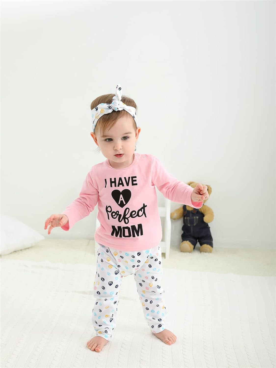 3Pcs Baby Girl Outfits Set Long Sleeve T-Shirt Tops Flowers Pants with Headband